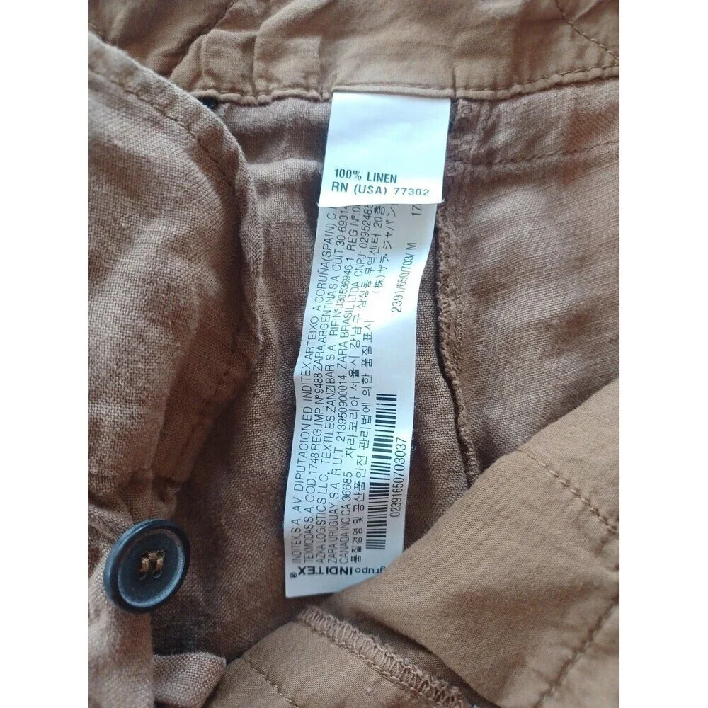 Zara brown linen tapered leg pants womens M paperbag waist button fly beach boho